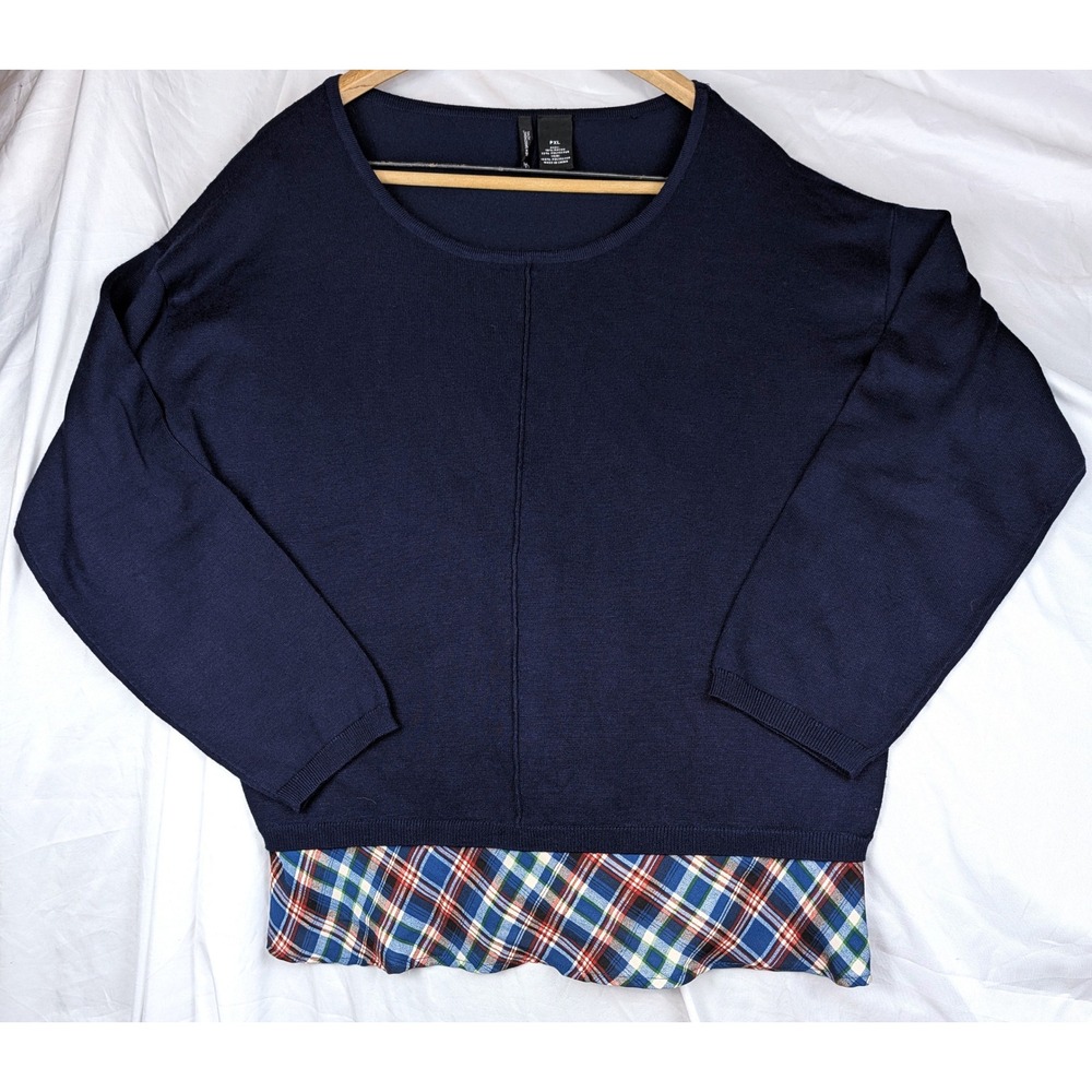 New Directions Petite Navy Blue Knit Plaid Hem Layered Sweater PXL